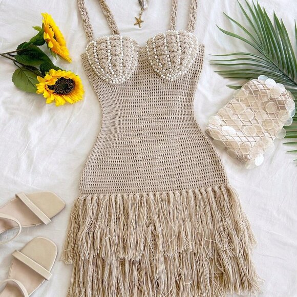 Khaki Boho Women's Sexy Shell Cup Mini Dress - Picture 5 of 8